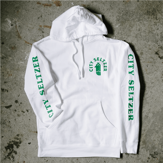 City Seltzer White Hoodie with Green Writing